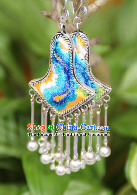 Traditional Chinese Miao Nationality Crafts Jewelry Accessory, Hmong Handmade Embroidery Miao Silver Bells Tassel Earrings, Miao Ethnic Minority Eardrop Accessories Ear Pendant for Women