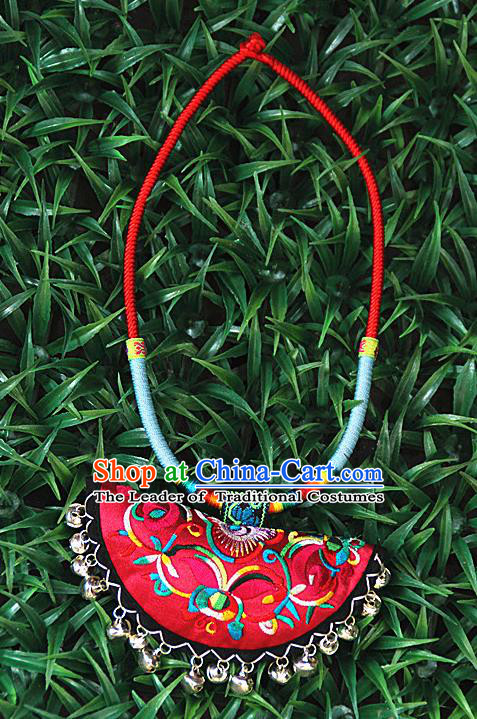 Traditional Chinese Miao Ethnic Minority Necklace, Hmong Handmade Colorized Collar Embroidery Pendant, Miao Ethnic Jewelry Accessories Bells Necklace for Women