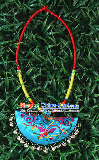 Traditional Chinese Miao Ethnic Minority Necklace, Hmong Handmade Colorized Collar Embroidery Pendant, Miao Ethnic Jewelry Accessories Bells Necklace for Women