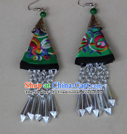 Traditional Chinese Miao Ethnic Minority Palace Jewelry Accessories Long Tassels Embroidery Earrings, Hmong Handmade Earrings for Women