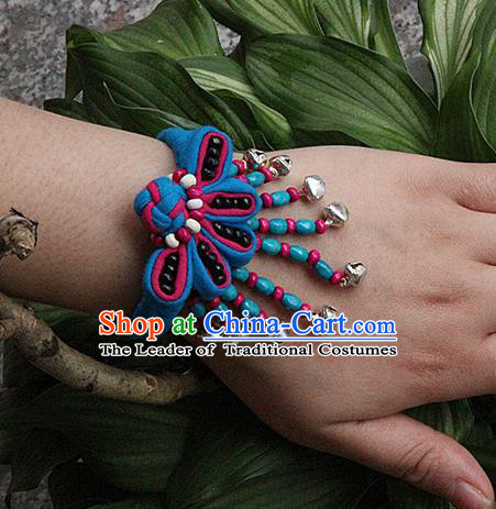 Traditional Chinese Miao Ethnic Minority Palace Jewelry Accessories Wristbands Bracelet, Hmong Handmade Bells Bracelet Hand-Knitted Chain Bracelet for Women