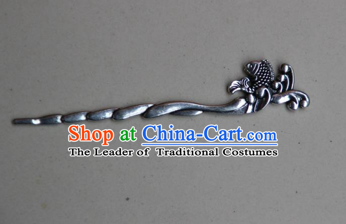 Traditional Chinese Ancient Miao Ethnic Minority Palace Hair Jewelry Accessories, Hmong Handmade Silver Fish Hairpins, Miao Ethnic Jewelry Accessories Hair Claw for Women