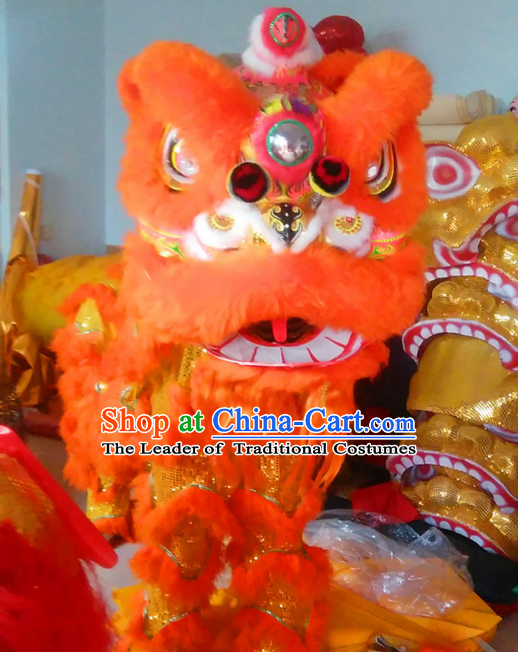 Simple Orange NEW 100_ Natural Wool Chinese Lion Dance Costumes Complete Set