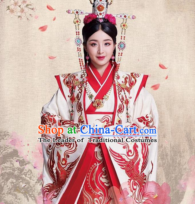 Traditional Ancient Chinese Imperial Emperess Costume, Chinese Han Dynasty Young Lady Wedding Dress, Cosplay Chinese Emperess Embroidered Clothing Phoenix Hanfu for Women