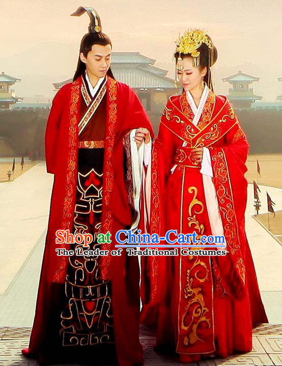 Traditional Ancient Chinese Imperial Emperess and Emperor Costume Complete Set, Chinese Han Dynasty Wedding Dress, Cosplay Chinese Imperial Embroidered Clothing for Women for Men