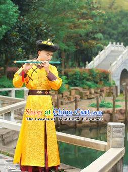 Traditional Ancient Chinese Qing Dynasty Imperial Prince Robes, Qing Dynasty Manchu Imperial Emperor Dragon Yellow Costumes for Men