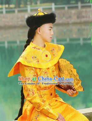 Traditional Ancient Chinese Qing Dynasty Imperial Majesty Robes, Qing Dynasty Manchu Imperial Emperor Dragon Yellow Costumes for Men