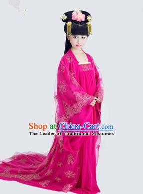 Traditional Ancient Chinese Imperial Consort Children Costume, Chinese Tang Dynasty Little Girl Dress, Cosplay Chinese Concubine Embroidered Clothing Tailing Hanfu for Kids
