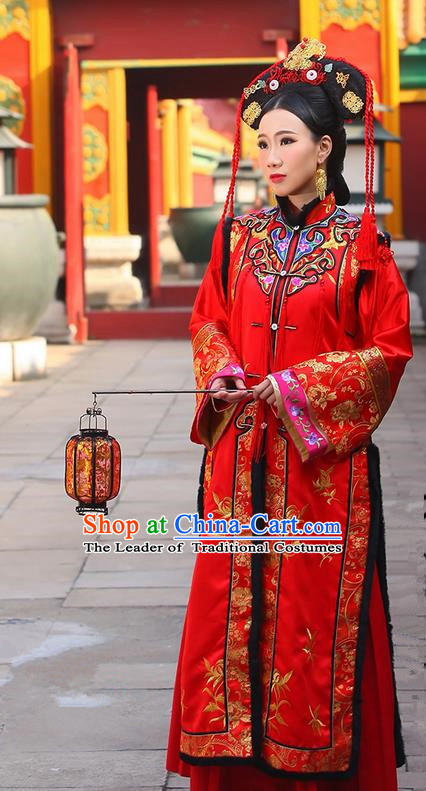 Traditional Ancient Chinese Imperial Consort Costume, Chinese Qing Dynasty Manchu Bride Wedding Red Dress, Cosplay Chinese Mandchous Imperial Concubine Embroidered Clothing for Women