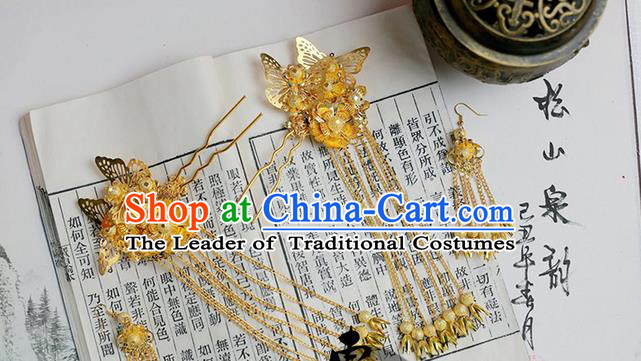 Chinese Wedding Jewelry Accessories, Traditional Xiuhe Suits Wedding Bride Butterfly Headwear, Wedding Tiaras, Ancient Chinese Harpins and Earrings for Women