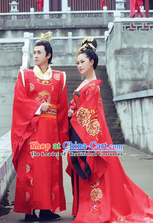 Traditional Ancient Chinese Imperial Emperess and Emperor Costume Complete Set, Chinese Tang Dynasty Emperess Wedding Red Dress, Chinese Emperess Emperor Embroidered Phoenix and Dragon Trailing Clothing for Women for Men