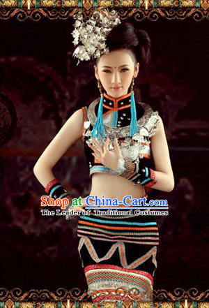 Traditional Chinese Miao Nationality Dancing Costume, Hmong Female Folk Dance Ethnic Skirt, Chinese Minority Nationality Embroidery Costume for Women