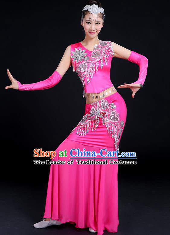 Traditional Chinese Dai Nationality Peacock Dancing Costume, Folk Dance Ethnic Paillette Tassel Fishtail Dress Princess Uniform, Chinese Minority Nationality Dancing Pink Clothing for Women