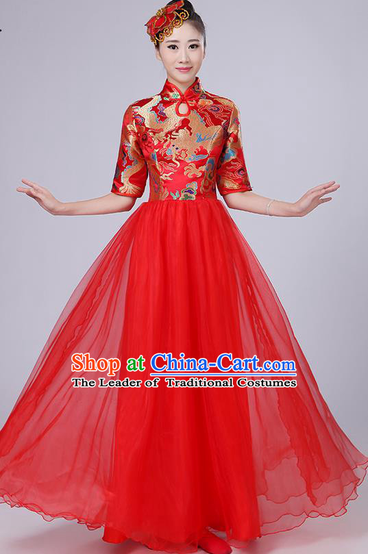 Traditional Chinese Style Modern Dancing Compere Costume, Women Opening Classic Chorus Singing Group Dance Satin Dragon Uniforms, Modern Dance Classic Dance Red Cheongsam Dress for Women