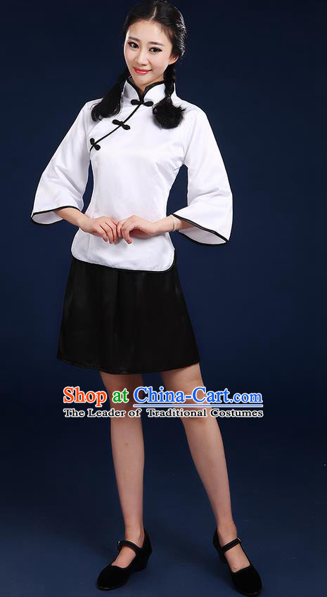 Traditional Chinese Style Modern Dancing Compere Costume, Women Opening Chorus Singing Group Classic Dance May 4th Movement Students Uniforms, Modern Dance Classic Dance White Blouse and Skirt for Women