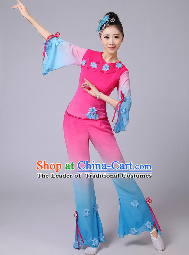 Traditional Chinese Yangge Fan Dancing Costume, Folk Dance Yangko Mandarin Sleeve Jasmine Flower Blouse and Pants Uniforms, Classic Dance Elegant Dress Drum Dance Pink Clothing for Women