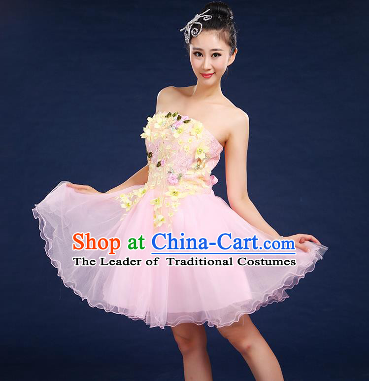 Traditional Chinese Modern Dancing Compere Costume, Women Opening Classic Dance Chorus Singing Group Embroidered Plum Blossom Bubble Uniforms, Modern Dance Classic Dance Big Swing Pink Short Dress for Women