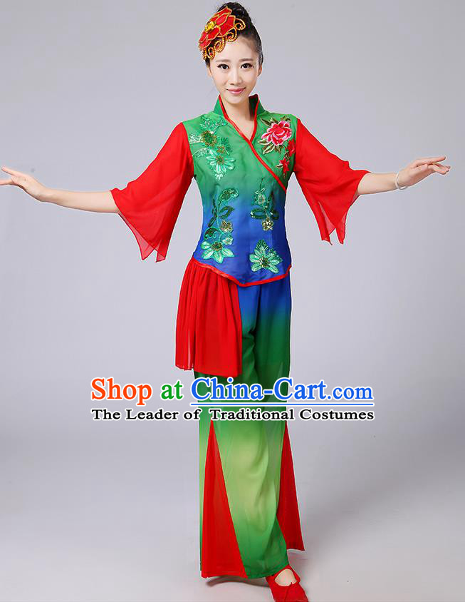 Traditional Chinese Yangge Fan Dancing Costume, Folk Dance Yangko Mandarin Sleeve Blouse and Pants Uniforms, Classic Dance Elegant Dress Drum Dance Red Green Clothing for Women