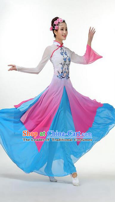 Traditional Chinese Yangge Fan Dancing Costume, Folk Dance Yangko Mandarin Sleeve Painting Plum Blossom Uniforms, Classic Dance Elegant Big Swing Dress Drum Dance Blue Clothing for Women