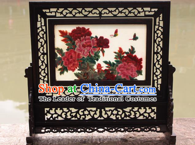Traditional Chinese Miao Nationality Minority Crafts Hmong Xiangxi Embroidery Decorative Table Ornaments, Embroidery Peony Folding Screen