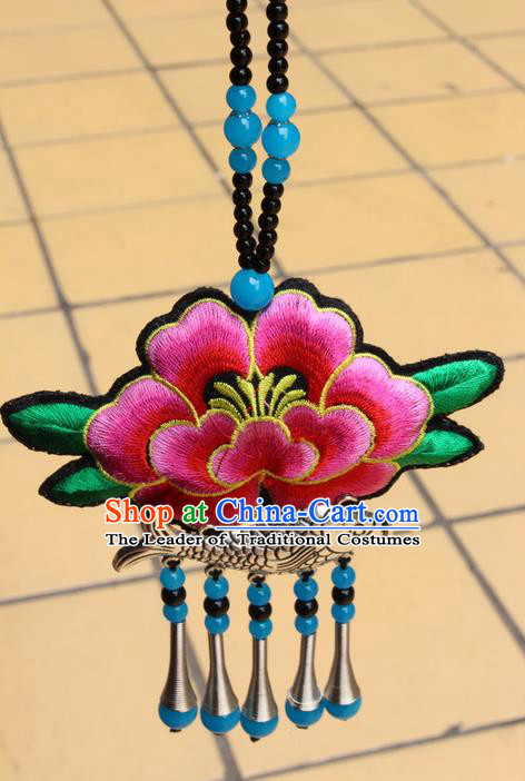 Traditional Chinese Miao Nationality Crafts Jewelry Accessory, Hmong Handmade Miao Silver Fish Beads Tassel Embroidery Flowers Pendant, Miao Ethnic Minority Necklace Accessories Sweater Chain Pendant for Women