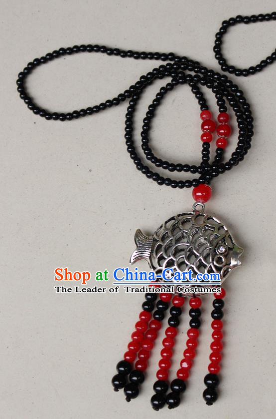 Traditional Chinese Miao Nationality Crafts Jewelry Accessory, Hmong Handmade Miao Silver Fish Beads Tassel Pendant, Miao Ethnic Minority Necklace Accessories Sweater Chain Pendant for Women
