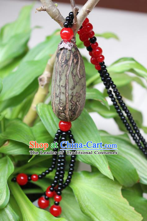 Traditional Chinese Miao Nationality Crafts Jewelry Accessory, Hmong Handmade Black Beads Bodhi Seed Tassel Pendant, Miao Ethnic Minority Necklace Accessories Sweater Chain Pendant for Women