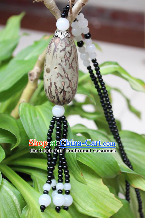 Traditional Chinese Miao Nationality Crafts Jewelry Accessory, Hmong Handmade Black Beads Bodhi Seed Tassel Pendant, Miao Ethnic Minority Necklace Accessories Sweater Chain Pendant for Women
