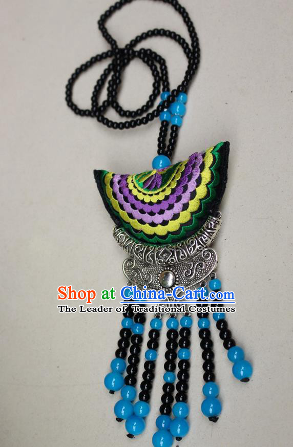 Traditional Chinese Miao Nationality Crafts Jewelry Accessory, Hmong Handmade Miao Silver Fish Beads Tassel Double Side Embroidery Pendant, Miao Ethnic Minority Necklace Accessories Sweater Chain Pendant for Women