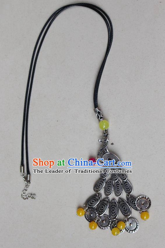 Traditional Chinese Miao Nationality Crafts Jewelry Accessory, Hmong Handmade Miao Silver Peacock Beads Tassel Pendant, Miao Ethnic Minority Black Rope Necklace Accessories Sweater Chain Pendant for Women