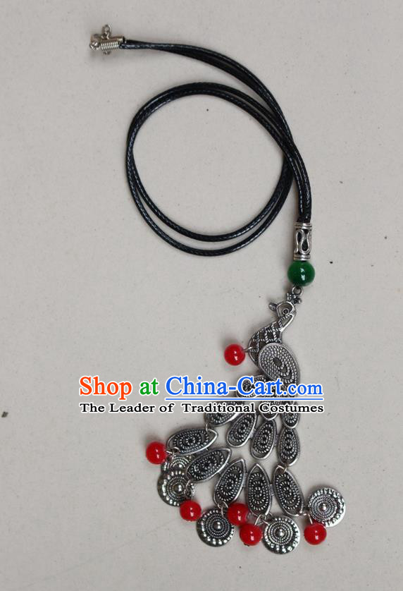 Traditional Chinese Miao Nationality Crafts Jewelry Accessory, Hmong Handmade Miao Silver Peacock Beads Tassel Pendant, Miao Ethnic Minority Black Rope Necklace Accessories Sweater Chain Pendant for Women
