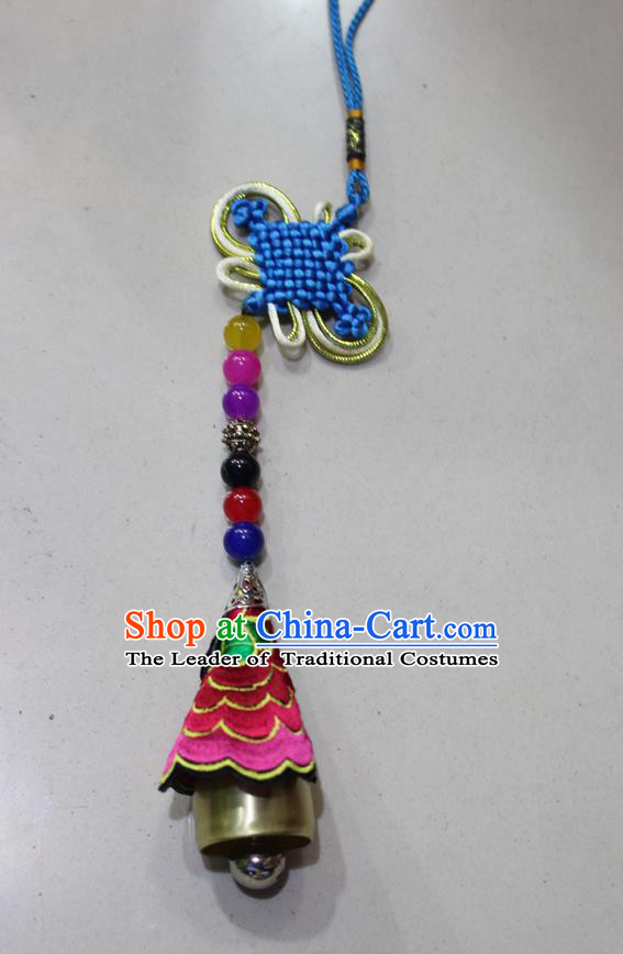 Traditional Chinese Miao Nationality Crafts Jewelry Accessory, Hmong Handmade Copper Bell Tassel Chinese Knot Embroidery Pendant, Miao Ethnic Minority Haven Evil Bell Car Accessories Pendant