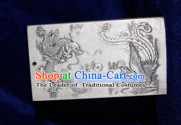 Traditional Chinese Miao Nationality Crafts Accessory, Hmong Handmade Miao Silver Dragon-Phoenix Paper Weight, Miao Ethnic Minority Palace Silver Paperweight