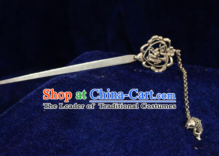 Traditional Chinese Miao Nationality Crafts Jewelry Accessory Hair Accessories, Hmong Handmade Miao Silver Palace Fish Tassel Hair Sticks Hair Claw, Miao Ethnic Minority Hair Fascinators Hairpins for Women
