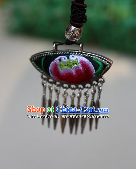 Traditional Chinese Miao Nationality Crafts Jewelry Accessory, Hmong Handmade Miao Silver Tassel Embroidery Flowers Pendant, Miao Ethnic Minority Bells Necklace Accessories Sweater Chain Pendant for Women
