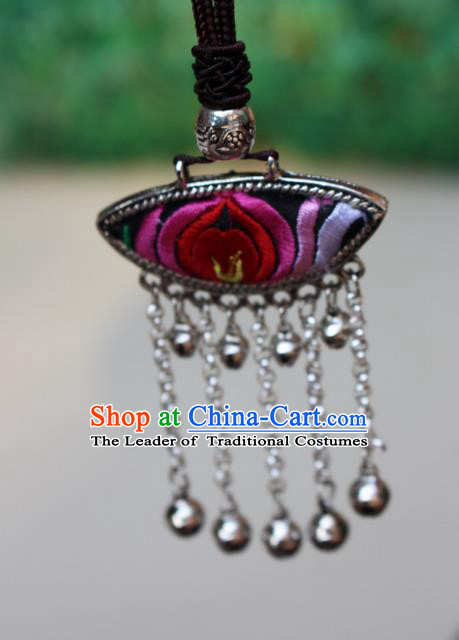 Traditional Chinese Miao Nationality Crafts Jewelry Accessory, Hmong Handmade Miao Silver Bells Tassel Embroidery Flowers Pendant, Miao Ethnic Minority Bells Necklace Accessories Sweater Chain Pendant for Women
