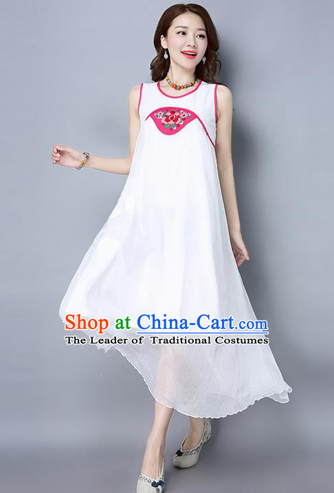 Traditional Ancient Chinese National Costume, Elegant Hanfu Embroidered Dress, China Tang Suit Cheongsam Upper Outer Garment White Dress Clothing for Women