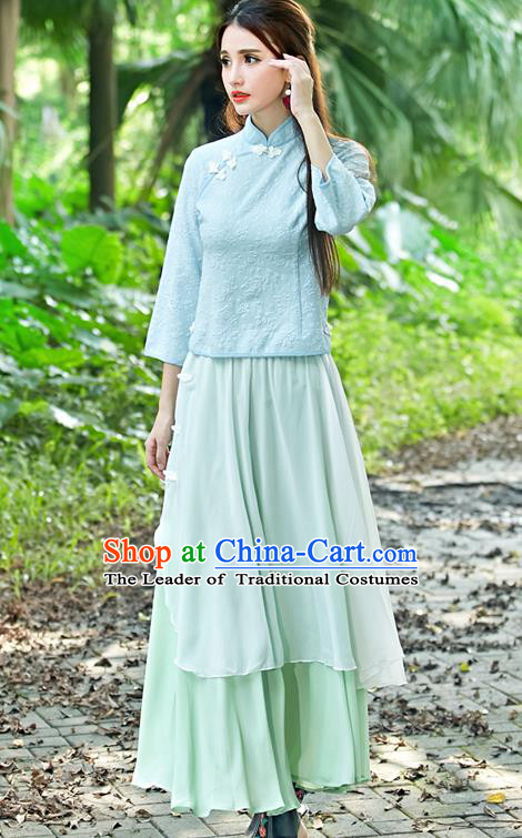 Traditional Ancient Chinese National Costume, Elegant Hanfu Embroidered Shirt, China Tang Suit Embroidered Butterfly Blue Blouse Cheongsam Upper Outer Garment Clothing for Women