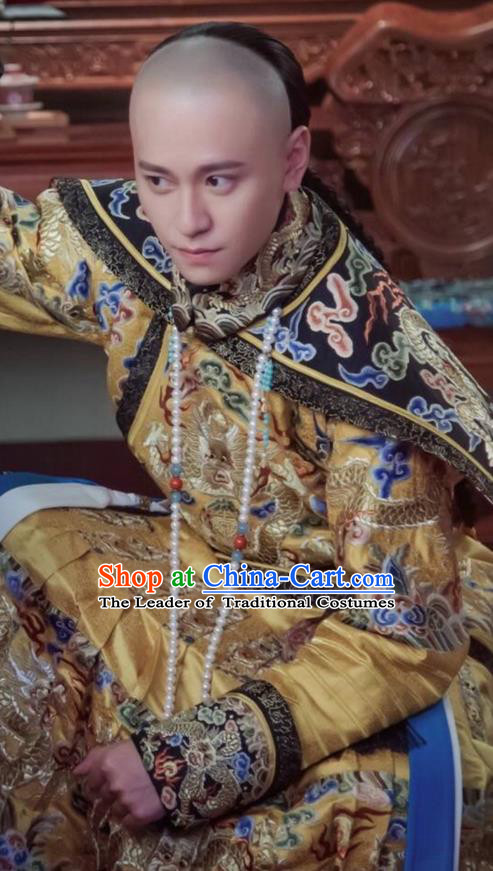 Traditional Ancient Chinese Imperial Emperor Costume, Chinese Qing Dynasty Manchu Majesty Dress, Chinese Legend of Dragon Ball Mandarin King Dragon Robes, Ancient China Imperial Padishah Embroidered Clothing for Men