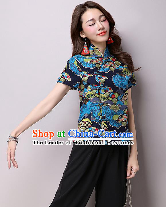 Traditional Ancient Chinese National Costume, Elegant Hanfu Plated Buttons Short Sleeve Shirt, China Tang Suit Embroidered Blue Blouse Cheongsam Upper Outer Garment Shirts Clothing for Women