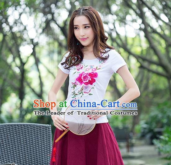 Traditional Ancient Chinese National Costume, Elegant Hanfu Round Collar T-Shirt, China Tang Suit Embroidered Peony White Blouse Cheongsam Upper Outer Garment Shirts Clothing for Women