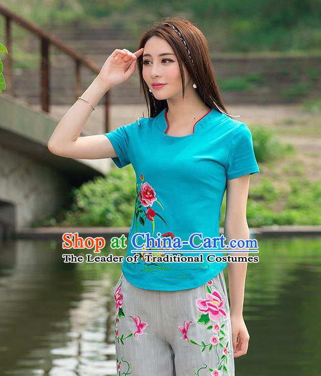 Traditional Ancient Chinese National Costume, Elegant Hanfu Round Collar T-Shirt, China Tang Suit Embroidered Mandarin Duck Peony Blue Blouse Cheongsam Upper Outer Garment Shirts Clothing for Women