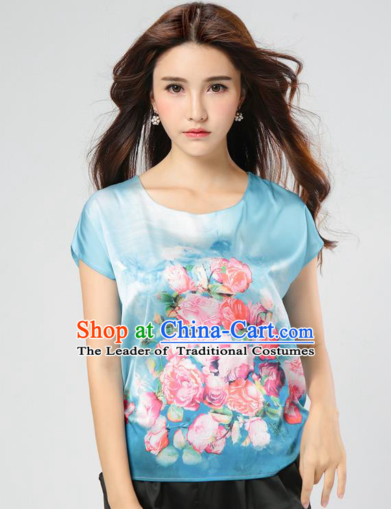 Traditional Ancient Chinese National Costume, Elegant Hanfu Mulberry Silk Shirt, China Tang Suit Silk Printing Flowers Blue Blouse Cheongsam Upper Outer Garment Qipao Shirt Clothing for Women