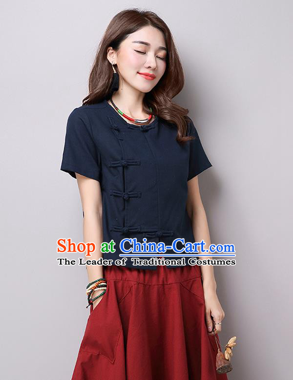 Traditional Ancient Chinese National Costume, Elegant Hanfu Plated Buttons T-Shirt, China Tang Suit Navy Blouse Cheongsam Upper Outer Garment Shirts Clothing for Women