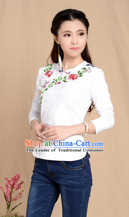 Traditional Ancient Chinese National Costume, Elegant Hanfu Plated Buttons Stand Collar Embroidered Shirt, China Tang Suit Embroidering Flower White Blouse Cheongsam Upper Outer Garment Shirts Clothing for Women