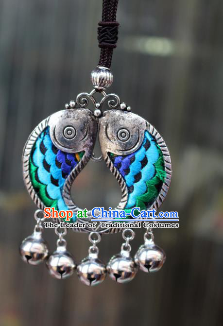 Traditional Chinese Miao Nationality Crafts Jewelry Accessory, Hmong Handmade Miao Silver Kiss Fish Bells Tassel Double Side Embroidery Flowers Pendant, Miao Ethnic Minority Bells Necklace Accessories Sweater Chain Pendant for Women