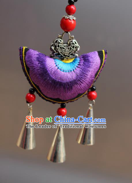Traditional Chinese Miao Nationality Crafts Jewelry Accessory, Hmong Handmade Miao Silver Bells Tassel Double Side Embroidery Pendant, Miao Ethnic Minority Bells Necklace Accessories Sweater Chain Pendant for Women