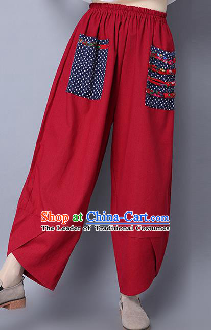 Traditional Ancient Chinese National Costume Loose Pants, Elegant Hanfu Plated Buttons Pants, China Tang Suit Red Wide Leg Pants for Women