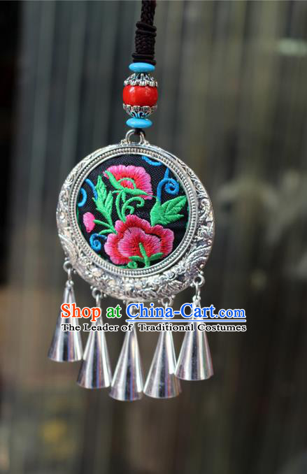 Traditional Chinese Miao Nationality Crafts Jewelry Accessory, Hmong Handmade Miao Silver Tassel Double Side Embroidery Flowers Pendant, Miao Ethnic Minority Bells Black Rope Necklace Accessories Sweater Chain Pendant for Women