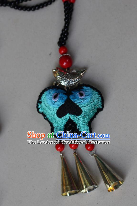 Traditional Chinese Miao Nationality Crafts Jewelry Accessory, Hmong Handmade Bells Tassel Double Side Embroidery Kiss Fish Pendant, Miao Ethnic Minority Bells Necklace Accessories Sweater Chain Pendant for Women